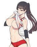  bad_id bad_pixiv_id ban bare_shoulders black_hair breasts collarbone ebino_mei elbow_pads elbow_sleeve groin hatsukoi_zombie highres inverted_nipples large_breasts long_hair navel nipples ponytail shirt_lift solo sportswear sweat volleyball volleyball_uniform 