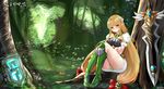  blonde_hair blush boots cameltoe elf flower forest green_footwear hair_flower hair_ornament knee_boots lily_(flower) long_hair looking_at_viewer low-tied_long_hair miniskirt nature original panties pantyshot pointy_ears puffy_sleeves red_eyes shaojiang sitting skirt solo sword tree two-handed_sword underwear very_long_hair weapon 