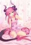  bow chemise dragon_tail elizabeth_bathory_(fate) elizabeth_bathory_(fate)_(all) fate/extella fate/extra fate_(series) frills highres horns kneeling long_hair looking_at_viewer open_mouth pink_hair pointy_ears rimuu silver_eyes solo tail tail_bow 