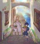  2girls bag brother_and_sister dress emerina fire_emblem fire_emblem:_kakusei groceries grocery_bag highres holding krom lijupy liz_(fire_emblem) multiple_girls running shopping_bag siblings smile 