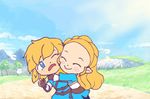  ^_^ animated animated_gif blonde_hair blue_eyes blush blush_stickers braids couple day french_braid happy hug link long_hair outside pointy_ears princess_zelda sky smile the_legend_of_zelda the_legend_of_zelda:_breath_of_the_wild 