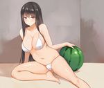  :/ akagi_(kantai_collection) alternate_costume arm_support bangs belly bikini black_hair blush breasts brown_eyes cleavage closed_mouth collarbone commentary_request food fruit kantai_collection large_breasts long_hair looking_at_viewer navel plump sitting solo swimsuit very_long_hair watermelon white_bikini yostxxx 