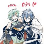 armor blue_hair cape damaged english ephraim fire_emblem fire_emblem:_kakusei fire_emblem:_seima_no_kouseki fire_emblem_heroes green_hair krom lowres male_focus multiple_boys outstretched_arms pauldrons simple_background smile sobayu_(chizuwa) thumbs_up white_background 