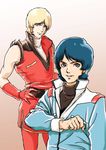  blonde_hair blue_hair char_aznable gundam highres kamille_bidan male_focus multiple_boys quattro_vageena simple_background smile teikoku_jokyoku zeta_gundam 