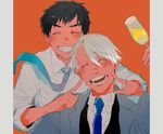 ^_^ alcohol bad_id bad_pixiv_id black_hair blazer champagne champagne_flute closed_eyes cup drinking_glass formal grin hands_on_another's_face jacket katsuki_yuuri male_focus multiple_boys necktie open_mouth rikyuu silver_hair smile suit upper_body viktor_nikiforov yuri!!!_on_ice 