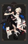  1girl black_hair black_jacket blonde_hair dog dress eye_contact final_fantasy final_fantasy_xv flower highres holding_hands jacket looking_at_another lunafreya_nox_fleuret noctis_lucis_caelum platina77 pryna_(ff15) smile umbra_(ff15) white_dress 