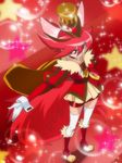  animal_ears brown_cape cure_chocolat dog_ears dog_tail earrings extra_ears from_above haruyama_kazunori hat jewelry kenjou_akira kirakira_precure_a_la_mode magical_girl outstretched_arm precure red_background red_eyes red_hair short_hair skirt solo standing star tail thighhighs white_legwear 