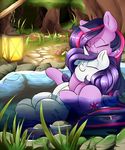  cutie_mark day detailed_background duo equine eyes_closed female feral flower friendship_is_magic fur grass hair hooves horn lantern madacon mammal my_little_pony outside partially_submerged plant purple_hair rarity_(mlp) smile twilight_sparkle_(mlp) unicorn water white_fur 