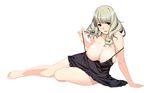  arm_support barefoot breasts full_body highres ino kareshi_inai_reki_=_nenrei kasane_rinzu large_breasts lipstick long_hair makeup nightgown nipple_slip nipples shiny shiny_skin silver_eyes silver_hair simple_background solo strap_pull strap_slip white_background 