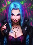  artist_name ayya_saparniyazova between_breasts blue_hair braid breast_tattoo breasts bullet_necklace cleavage deviantart_username eyelashes fingernails forehead highres jewelry jinx_(league_of_legends) league_of_legends long_hair md5_mismatch medium_breasts nail_polish necklace nose parted_lips pink_eyes pink_lips pink_nails resized solo tattoo twin_braids upscaled watermark web_address whorled_clouds 