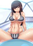  abs bare_shoulders bikini black_hair breasts cleavage collarbone commentary_request green_eyes highres long_hair looking_at_viewer medium_breasts navel persona persona_5 ponpo smile solo spread_legs striped swimsuit thighs tougou_hifumi vertical-striped_bikini vertical_stripes 
