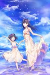  absurdres age_comparison barefoot black_hair blue_eyes blue_sky cloud day dress dual_persona head_wreath highres holding_hands kagerou_project kido_tsubomi long_hair midriff mofukoke multiple_girls navel petals sky time_paradox water 