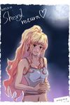  blonde_hair blue_eyes hands_clasped long_hair macross macross_frontier masyang_fb7 midriff multicolored_hair own_hands_together ponytail sheryl_nome solo sweat tank_top two-tone_hair 
