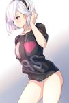  absurdres adjusting_hair aki663 black_shirt blue_eyes blush clothes_writing hair_over_face headband heart highres i_heart... mole mole_under_mouth nier_(series) nier_automata no_blindfold no_pants panties shirt short_hair sketch solo t-shirt thighs underwear white_background white_hair yorha_no._2_type_b 