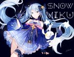  artist_name azzu black_background blue_hair bunny character_name detached_sleeves dress fingerless_gloves gloves green_eyes hatsune_miku long_hair star_night_snow_(vocaloid) twintails very_long_hair vocaloid wand yuki_miku yukine_(vocaloid) 