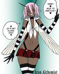  1girl antennas dark_skin elbow_gloves inui_takemaru microphone monster_girl monster_musume_no_iru_nichijou mosquito naked_shoulders navel okayado open_mouth pink_hair red_eyes short_hair small_breasts smile solo wings 