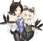  ;) a9b_(louis814) absurdres animal_ears black_hair black_legwear blonde_hair blue_bow blue_leotard bottle bow breasts brown_eyes carla_j_luksic choker cleavage collarbone eyewear_on_head green_leotard grey_eyes highres holding holding_bottle kuroda_kunika leotard long_hair looking_at_viewer medium_breasts multiple_girls noble_witches one_eye_closed pantyhose playboy_bunny_leotard short_hair simple_background small_breasts smile strapless strapless_leotard tail white_background world_witches_series wrist_cuffs 