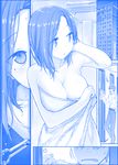  1girl bathing blue blush breasts cleavage commentary door embarrassed getsuyoubi_no_tawawa himura_kiseki kouhai-chan_(tawawa) large_breasts mole mole_under_eye monochrome naked_towel short_hair sweat sweatdrop towel 