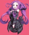  absurdres bad_id bad_pixiv_id belt black_dress choker detached_sleeves dress drill_hair full_body ghost ghost_tail highres long_hair looking_at_viewer open_mouth original purple_hair red_background red_eyes relila simple_background solo teeth very_long_hair 