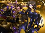  black_bodysuit blush bodysuit breasts brown_hair cleavage contrapposto covered_navel cowboy_shot glowing haganef hair_ribbon holding holding_sword holding_weapon large_breasts long_hair looking_at_viewer mecha muvluv muvluv_alternative muvluv_total_eclipse outstretched_arm pilot_suit purple_eyes ribbon shiny shiny_clothes skin_tight smile solo standing sword takamura_yui takemikazuchi_(muvluv) very_long_hair weapon 