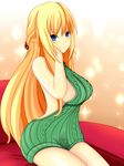  backless_outfit bad_id bad_pixiv_id blonde_hair blue_eyes breasts closed_mouth cundodeviant dress green_sweater hand_on_head highres kami_jigen_game_neptune_v large_breasts long_hair looking_at_viewer meme_attire naked_sweater neptune_(series) no_bra no_panties shiny shiny_hair shiny_skin sideboob sitting solo striped striped_legwear sweater sweater_dress sweater_vest tied_hair turtleneck turtleneck_sweater vert virgin_killer_sweater 