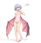  armpits ass_visible_through_thighs bare_legs bare_shoulders barefoot bat_wings blue_hair breasts cameltoe camisole closed_eyes collarbone covered_navel covered_nipples cross cross_necklace english fangs full_body groin hand_to_own_mouth hater_(hatater) highres jewelry lingerie lowleg lowleg_panties messy_hair micro_panties navel necklace nipples open_mouth panties petite pigeon-toed pink_wings pointy_ears remilia_scarlet see-through shadow short_hair side-tie_panties simple_background sleepy small_breasts solo spaghetti_strap standing strap_slip teeth thigh_gap touhou underwear underwear_only white_background white_panties wings yawning 