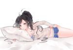  96dgd ass bare_shoulders black_eyes black_hair boyshorts breasts cleavage dungeon_and_fighter large_breasts long_hair long_sleeves looking_at_viewer lying on_stomach pillow ponytail short_shorts shorts shorts_lift shoulder_cutout solo very_long_hair 