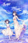  absurdres age_comparison barefoot black_hair blue_sky closed_eyes cloud day dress dual_persona head_wreath highres holding_hands kagerou_project kido_tsubomi long_hair midriff mofukoke multiple_girls navel petals sky smile time_paradox water 