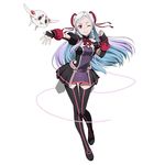  ;) black_footwear black_legwear blue_hair boots double_bun dress floating_hair full_body hair_ribbon looking_at_viewer multicolored_hair official_art one_eye_closed outstretched_arm pleated_dress purple_hair red_eyes red_ribbon ribbon silver_hair smile solo standing sword_art_online sword_art_online_the_movie:_ordinal_scale thigh_boots thighhighs yuna_(sao) zettai_ryouiki 