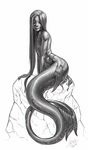  daryabler hair hybrid long_hair long_tail looking_at_viewer male marine merfolk monochrome monster nude solo 