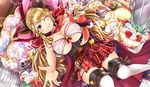  ;) blonde_hair blue_eyes blush breasts cleavage draph gears granblue_fantasy grin hair_ornament hair_ribbon hairclip hallessena highres horns kamiya_zuzu large_breasts long_hair lying on_back one_eye_closed pillow plaid plaid_skirt pointy_ears ribbon skirt smile solo stuffing thighhighs underboob vee_(granblue_fantasy) white_legwear zettai_ryouiki 