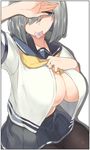  arm_up black_border blue_eyes border breasts brown_legwear collarbone condom condom_in_mouth covering_one_eye hair_ornament hair_over_one_eye hairclip hamakaze_(kantai_collection) hand_on_own_chest hand_up highres jewelry kantai_collection kei_(soundcross) large_breasts looking_at_viewer mouth_hold neckerchief open_clothes open_shirt pantyhose pleated_skirt ring sailor_collar school_uniform serafuku shading_eyes shirt short_hair short_sleeves silver_hair simple_background skirt solo sweatdrop upper_body wedding_band white_background white_shirt yellow_neckwear 