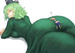  ass ass_pillow belt blush breasts brown_hair commentary_request dress giantess green_dress green_eyes green_hair hat large_breasts looking_back lying multiple_girls on_stomach short_hair simple_background skirt sleeping soga_no_tojiko tate_eboshi touhou toyosatomimi_no_miko utopia white_background zzz 