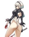  ass back_cutout bad_id bad_pixiv_id ban black_blindfold black_hairband blindfold closed_mouth covered_eyes facing_back feather-trimmed_sleeves from_behind gloves hairband highleg highres holding holding_sword holding_weapon juliet_sleeves katana leotard long_sleeves mole mole_under_mouth nier_(series) nier_automata puffy_sleeves short_hair simple_background solo sword turtleneck weapon white_background white_hair white_leotard yorha_no._2_type_b 