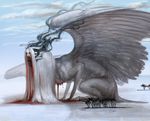  ambiguous_gender blood cloud daryabler feathered_wings feathers feral hair long_hair macro outside solo unknown_species wings wounded 