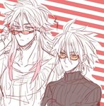  ag_ss41 blue_eyes dark_skin dark_skinned_male fate/apocrypha fate_(series) glasses green_eyes karna_(fate) long_hair male_focus monochrome multiple_boys open_mouth pale_skin siegfried_(fate) 