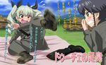  2girls anchovy black_hair blush drill_hair feet girls_und_panzer green_hair hair_ornament hair_ribbon multiple_girls pepperoni_(girls_und_panzer) pii_(taromura) ribbon shoes_removed smell socks soles uniform 