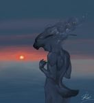  anthro daryabler eyes_closed feline fur hair lynx male mammal nude outside solo standing sunset 