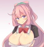  :q ahoge areola_slip areolae bad_id bad_pixiv_id bangs blush bow bowtie breasts cleavage hacka_doll hacka_doll_2 hairband heart large_breasts long_hair looking_at_viewer nitro_(mugityaoisii) pink_hair puffy_short_sleeves puffy_sleeves purple_eyes red_bow red_neckwear short_sleeves solo tongue tongue_out upper_body 