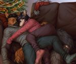  anthro canine christmas christmas_tree clothed clothing daryabler dog duo female fox hair hat holidays hug inside lying male male/female mammal nimushka on_back santa_hat sleeping tree 