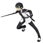  augma black_eyes black_gloves black_hair black_pants full_body gloves hair_between_eyes holding holding_sword holding_weapon kirito leg_up male_focus official_art open_mouth pants sheath solo sword sword_art_online sword_art_online_the_movie:_ordinal_scale weapon 
