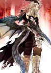  ag_ss41 armor balmung_(fate/apocrypha) dark_skin dark_skinned_male dragon_tail fate/apocrypha fate_(series) from_below gauntlets horns long_hair male_focus siegfried_(fate) solo sword tail weapon wings 