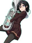  black_hair black_legwear blue_eyes brown_serafuku brown_skirt euphonium glasses green_neckwear hair_between_eyes hibike!_euphonium instrument long_hair looking_at_viewer moyamu neckerchief over-rim_eyewear pantyhose pleated_skirt red-framed_eyewear school_uniform semi-rimless_eyewear serafuku simple_background skirt smile solo tanaka_asuka white_background 