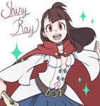  :d bad_id bad_pixiv_id breasts cape cleavage cosplay detached_sleeves kagari_atsuko little_witch_academia long_hair looking_at_viewer nakajima_asuka navel open_mouth red_eyes shiny_chariot shiny_chariot_(cosplay) shiny_rod small_breasts smile solo sparkle 