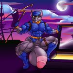  abs anthro balls biceps big_balls big_penis bottomless brown_eyes butt cane clothed clothing gloves hat mammal nipples pecs penis pirate_ship raccoon rocket_(artist) ship sly_cooper sly_cooper_(series) solo thong vehicle video_games 