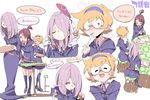  3girls :d :o ? ^_^ ^o^ ass blue_eyes blush boots bread brown_hair chair chris_(mario) closed_eyes collared_shirt dress earplugs eating food fork freckles glasses hair_over_one_eye hairband half-closed_eyes kagari_atsuko knee_boots knife little_witch_academia long_dress long_hair long_sleeves lotte_jansson multiple_girls mushroom open_mouth pale_skin pink_hair red_eyes shirt short_dress short_hair sidelocks simple_background sitting smile speech_bubble spoon standing sucy_manbavaran table text_focus translated tray white_background witch 