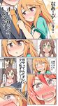  3girls black_hair blonde_hair blush brown_eyes brown_hair celebi_ryousangata check_translation comic embarrassed fang formal green_eyes hair_between_eyes hair_ornament hair_ribbon hairclip himekawa_yuki hug idolmaster idolmaster_cinderella_girls light_brown_hair long_hair matoba_risa multiple_girls necktie open_mouth peeking_out producer_(idolmaster) ribbon short_hair short_sleeves smile tears translated translation_request twintails yellow_eyes yuuki_haru 