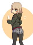  ass black_legwear blue_eyes blush brown_hair eyebrows_visible_through_hair fang fang_out food food_on_face from_behind girls_und_panzer heart ice_cream ikomochi katyusha legwear_under_shorts looking_at_viewer looking_back pantyhose short_hair shorts solo 