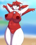  anthro anthrofied areola big_breasts breasts chowdie eyelashes fan_character female hair latias legendary_pok&eacute;mon lewdtias looking_at_viewer navel nintendo nipples orange_eyes outside pok&eacute;mon red_hair slightly_chubby standing video_games wide_hips 