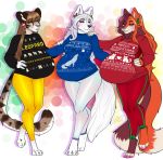  anthro blush canine clothed clothing ear_piercing feline female group hair hi_res hiddenwolf mammal piercing pregnant simple_background smile standing 